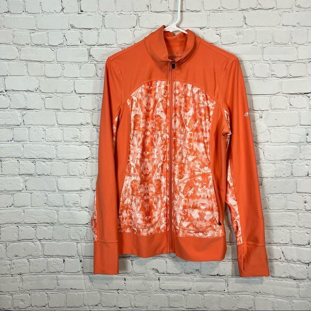 Eddie Bauer Motion orange patterned long-slv zip-up athletic jacket womens Large